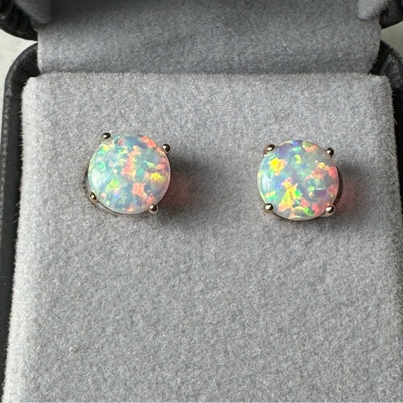 14k Solid Gold Opal Cabochon Post Earrings - Picture 3 of 16